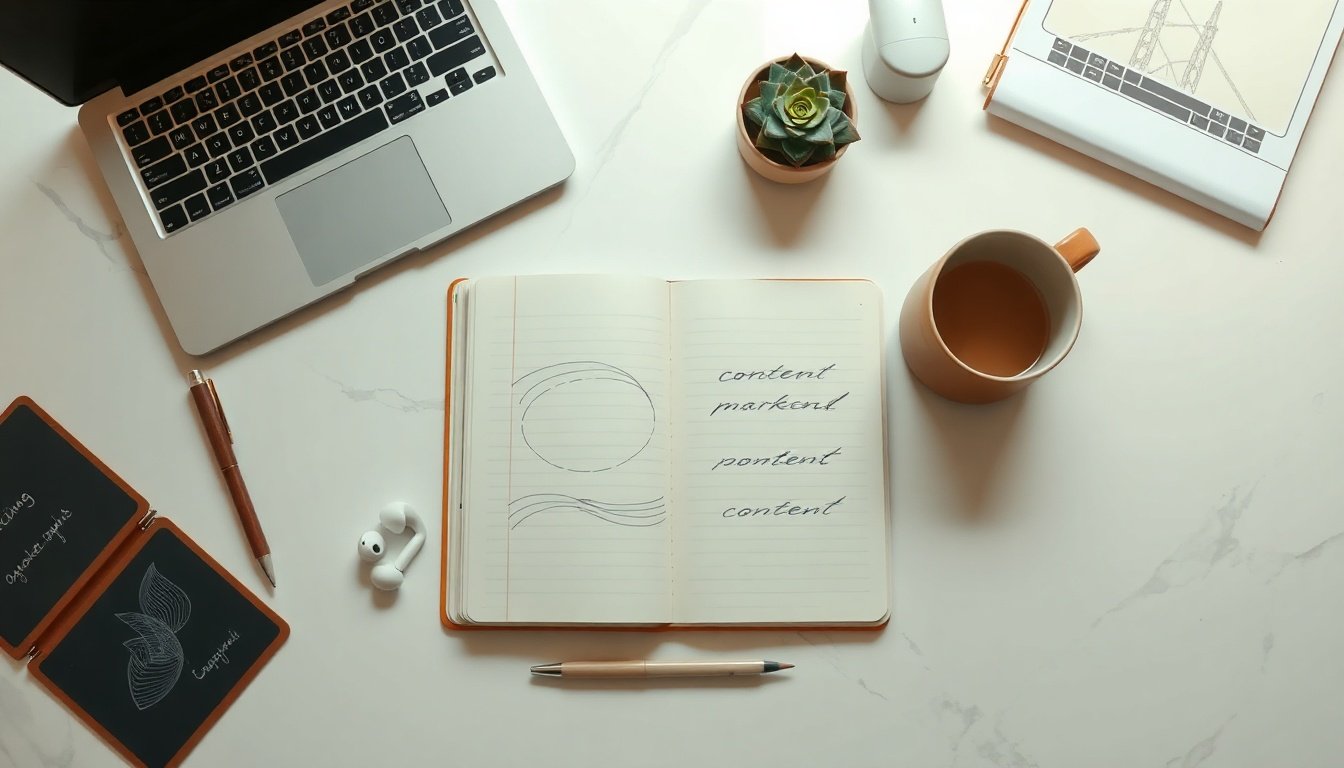 콘텐츠 마케팅 - Korean man upper body shot with face visible, writing content marketing plan in notebook at bright workspace, natural hands