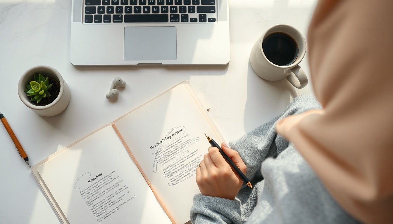 블로그 상위노출 - Korean person upper body shot with face visible, analyzing blog SEO performance on laptop screen with natural hands, home office background