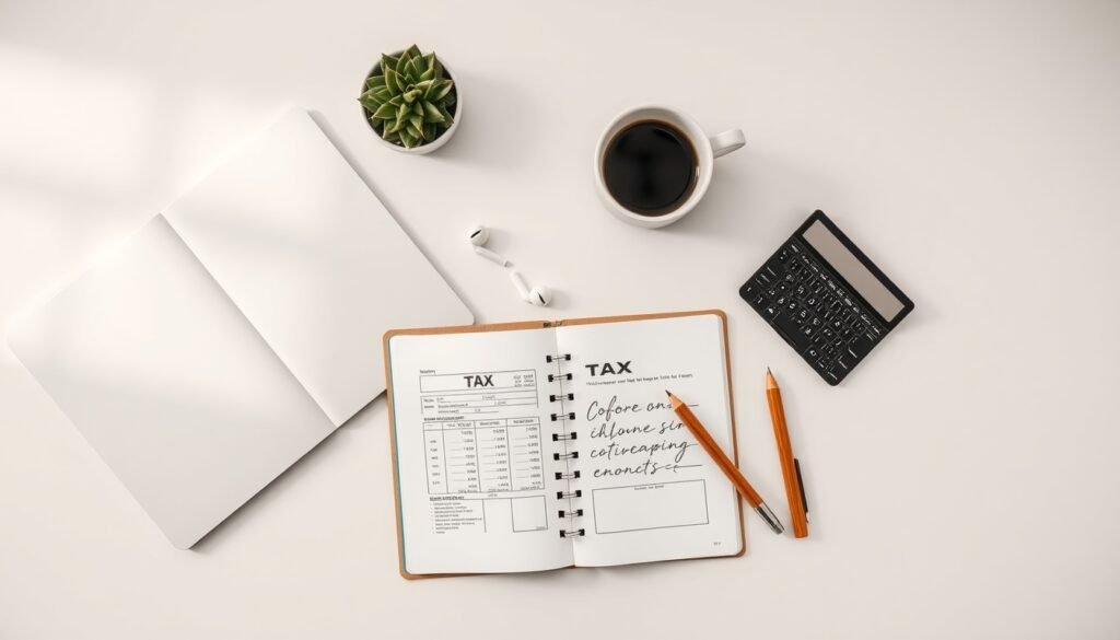종합소득세 - flat lay of tax documents, calculator, and laptop on white desk, comprehensive income tax filing concept