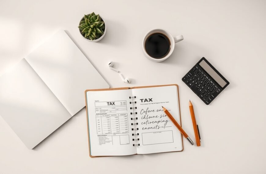 종합소득세 - flat lay of tax documents, calculator, and laptop on white desk, comprehensive income tax filing concept