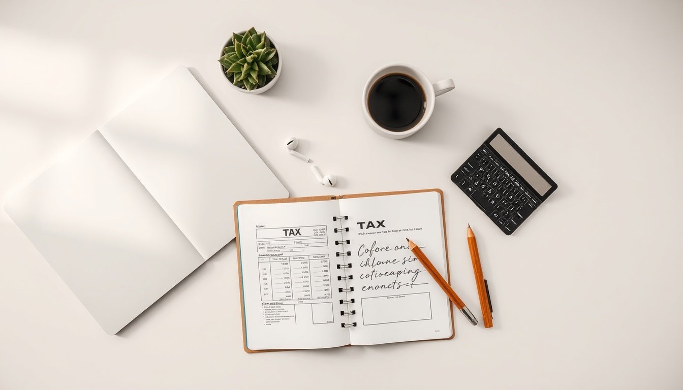 종합소득세 - flat lay of tax documents, calculator, and laptop on white desk, comprehensive income tax filing concept