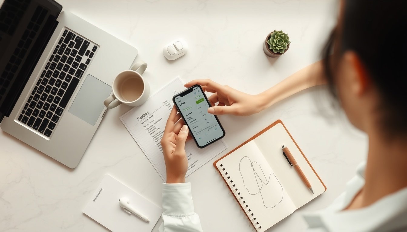 최저시급 - Korean worker upper body shot with face visible, reviewing pay stub and smartphone showing minimum wage calculator app, natural hands, office background