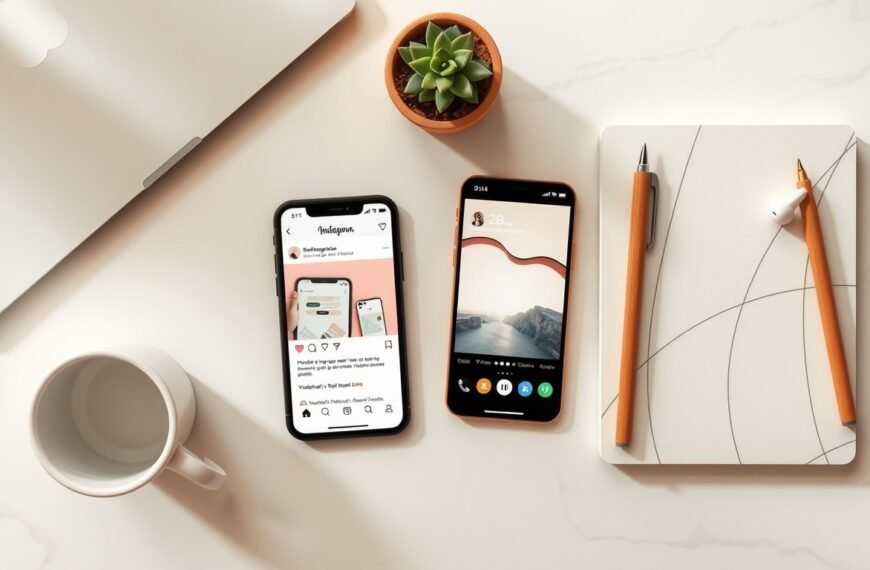 릴스 만들기 - flat lay of smartphone with Instagram Reels interface open, notebook and pen beside it on white desk, reels creation concept