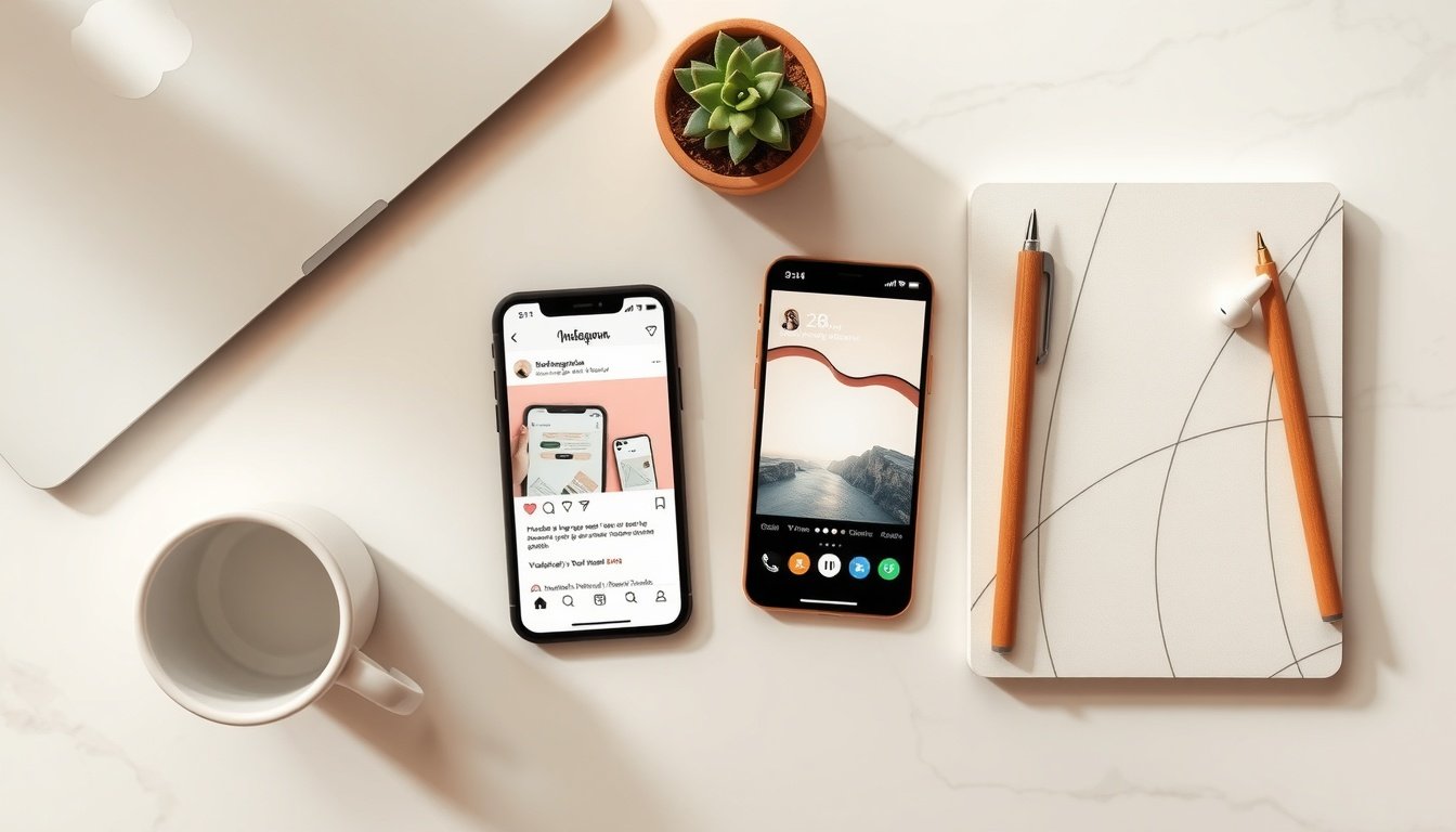 릴스 만들기 - flat lay of smartphone with Instagram Reels interface open, notebook and pen beside it on white desk, reels creation concept