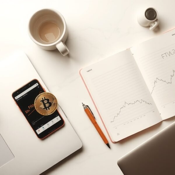 비트코인 - flat lay of bitcoin gold coin, smartphone showing crypto chart, and notebook on white desk, bitcoin investment concept 2026