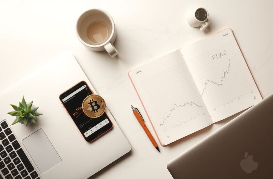 비트코인 - flat lay of bitcoin gold coin, smartphone showing crypto chart, and notebook on white desk, bitcoin investment concept 2026