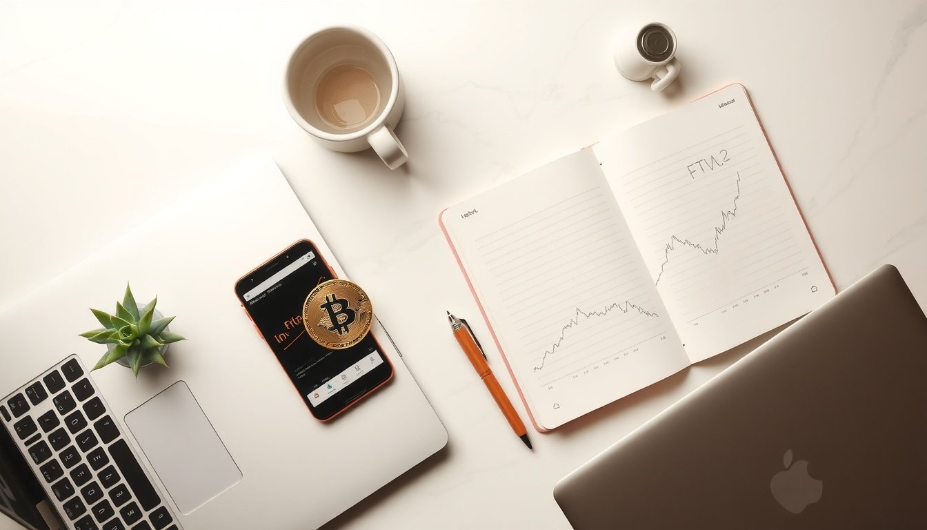 비트코인 - flat lay of bitcoin gold coin, smartphone showing crypto chart, and notebook on white desk, bitcoin investment concept 2026