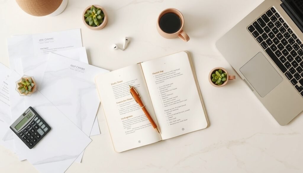 소상공인 지원금 - flat lay of small business owner's desk with documents, calculator, and Korean won banknotes, soho business support concept