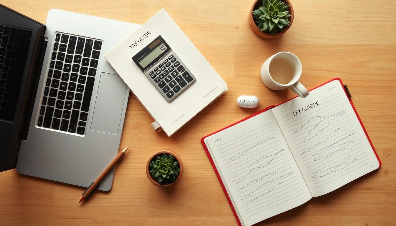박훈 서울시립대 - flat lay of tax guide book, calculator, pen and notebook on wooden desk, Korean tax strategy concept