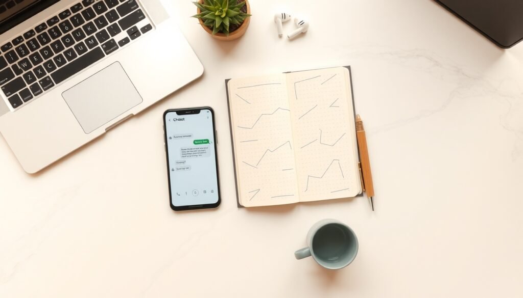 챗봇 만들기 - flat lay of smartphone displaying chatbot interface on white desk with notebook and pen, chatbot building concept