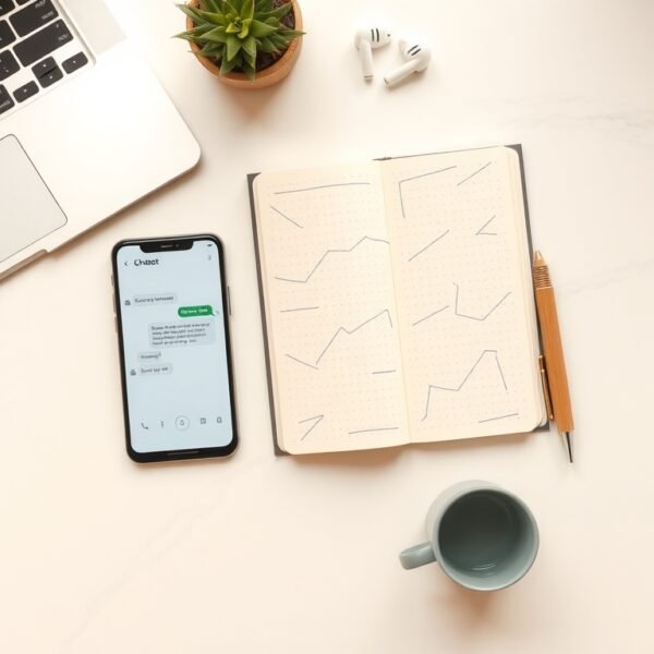 챗봇 만들기 - flat lay of smartphone displaying chatbot interface on white desk with notebook and pen, chatbot building concept