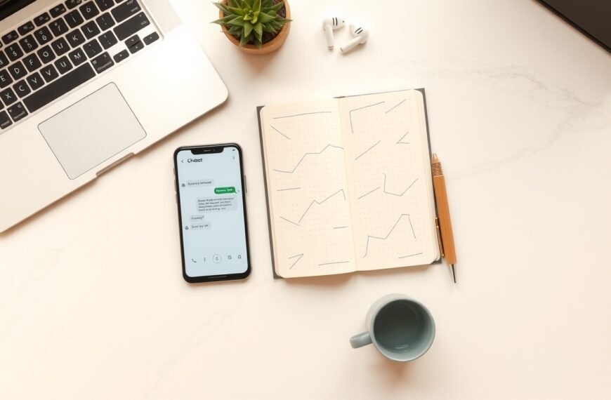 챗봇 만들기 - flat lay of smartphone displaying chatbot interface on white desk with notebook and pen, chatbot building concept