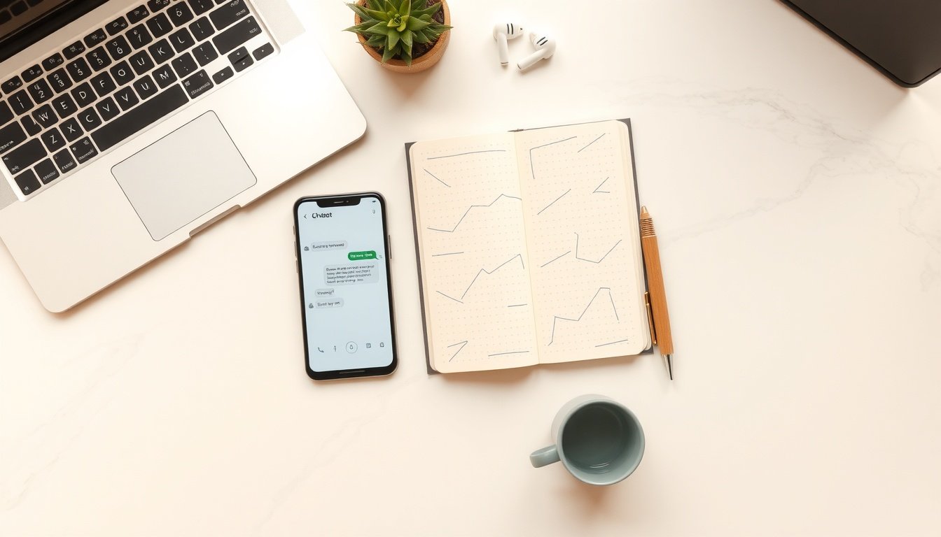 챗봇 만들기 - flat lay of smartphone displaying chatbot interface on white desk with notebook and pen, chatbot building concept
