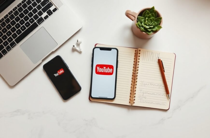 유튜브 수익화 - flat lay of smartphone showing YouTube app with notebook and pen on white desk, YouTube monetization strategy concept