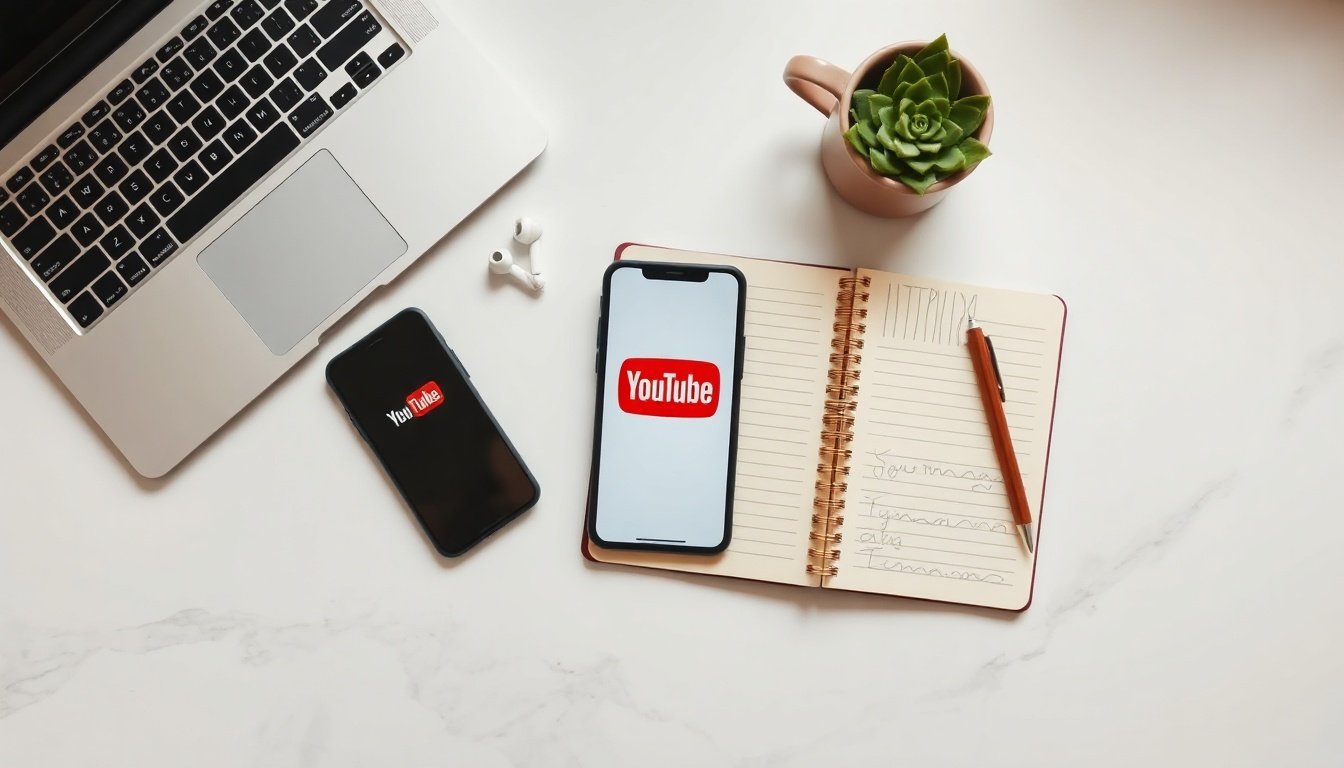유튜브 수익화 - flat lay of smartphone showing YouTube app with notebook and pen on white desk, YouTube monetization strategy concept