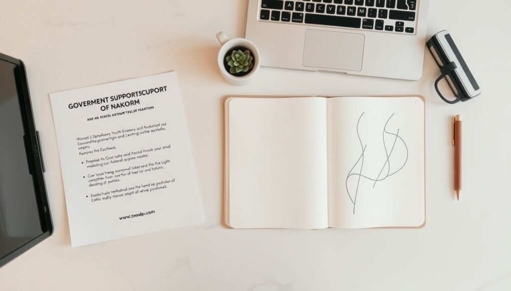 양극화 해결 - flat lay of government support document, Korean youth entrepreneur and small business concept, symbolic coins and growth chart on white desk