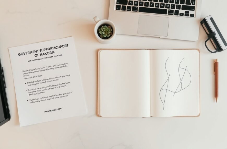 양극화 해결 - flat lay of government support document, Korean youth entrepreneur and small business concept, symbolic coins and growth chart on white desk
