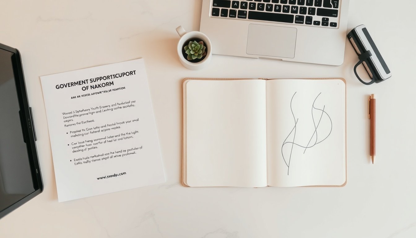 양극화 해결 - flat lay of government support document, Korean youth entrepreneur and small business concept, symbolic coins and growth chart on white desk
