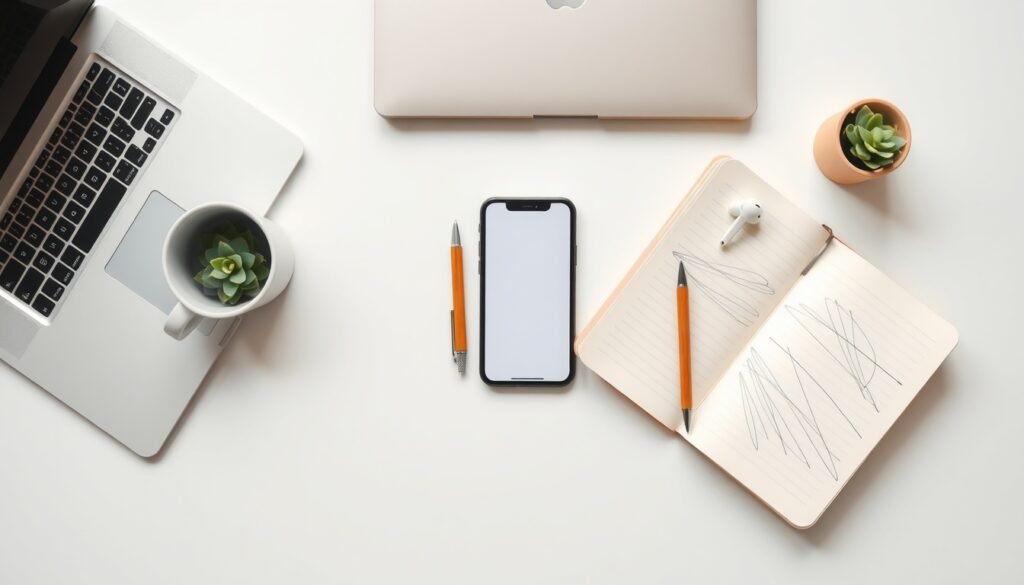 종합 닥터버거 - flat lay of smartphone apps on white desk, AI technology and digital services concept, overhead view