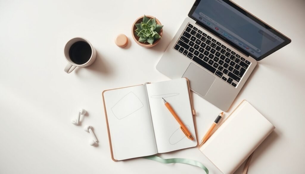 블로그 체험단 - flat lay of laptop, notebook, and product samples on white desk, blog review campaign concept