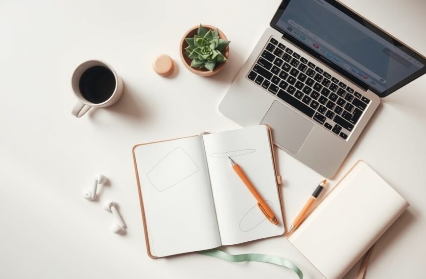 블로그 체험단 - flat lay of laptop, notebook, and product samples on white desk, blog review campaign concept