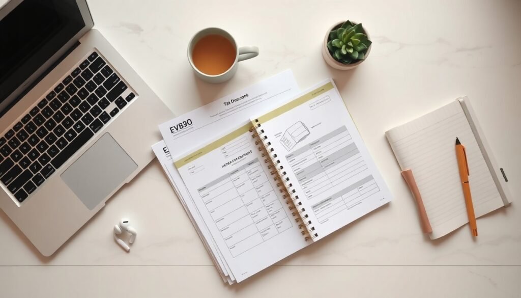 하반기 국세행정 - flat lay of tax documents, calculator, and Korean government official papers on white desk, representing national tax administration reform 2026