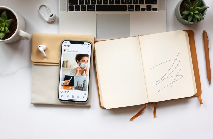 네이버 인플루언서 - flat lay of smartphone showing Naver influencer dashboard and notebook on white desk, Korean blog monetization concept