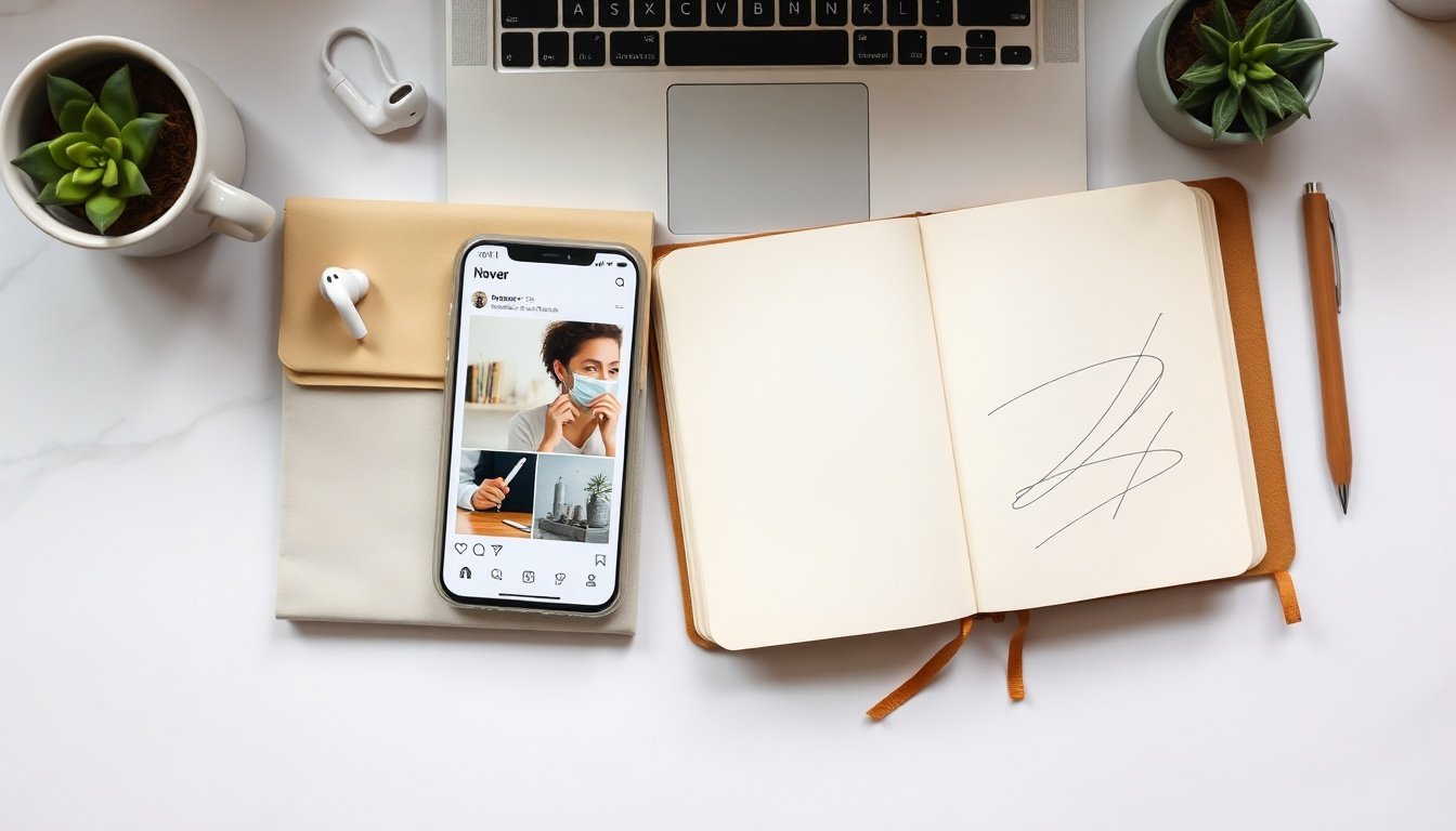 네이버 인플루언서 - flat lay of smartphone showing Naver influencer dashboard and notebook on white desk, Korean blog monetization concept