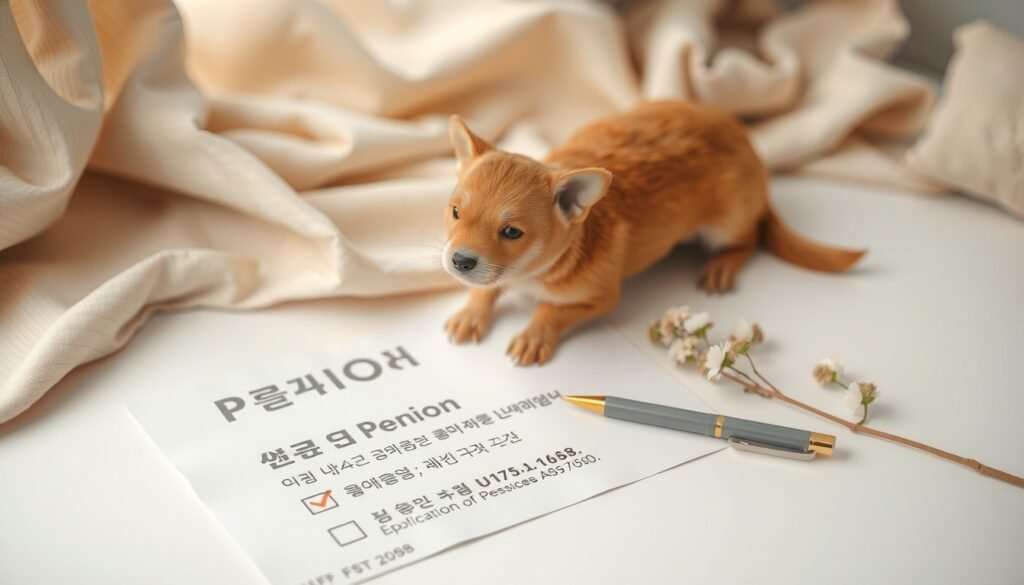 기초연금 - flat lay of Korean pension document and pen on white desk, basic pension application concept 2026
