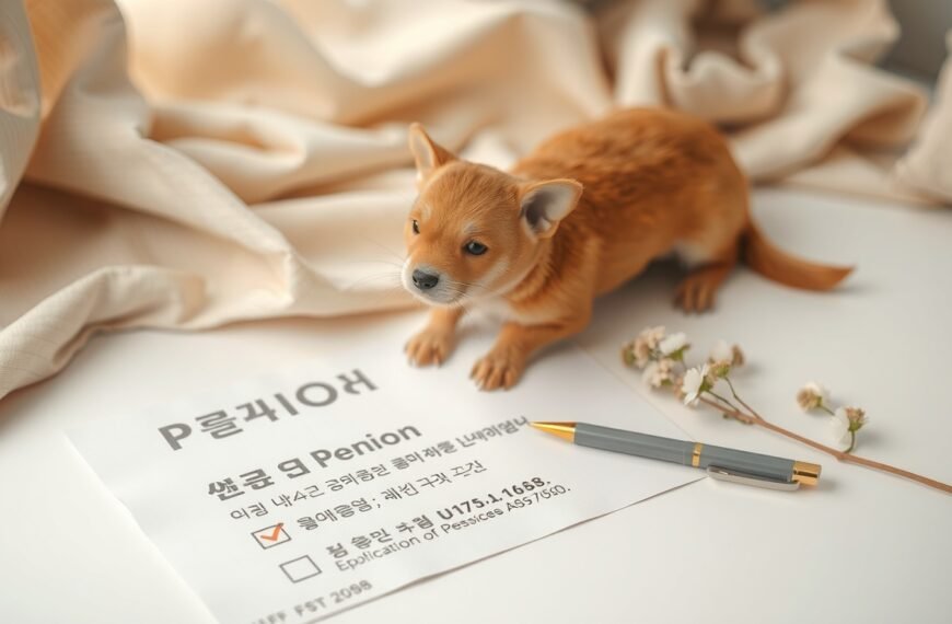 기초연금 - flat lay of Korean pension document and pen on white desk, basic pension application concept 2026