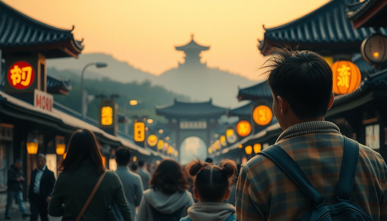 황병직 영주시장 - upper body shot of Korean family with face visible, enjoying traditional village scenery in Yeongju, Buseoksa temple background, travel support program