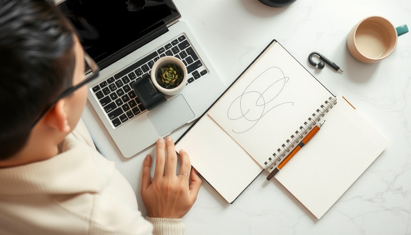 클로드 AI - flat lay of laptop displaying Claude AI interface on white desk with notebook and pen, AI technology concept