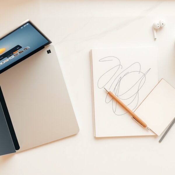 소라 AI - flat lay of laptop screen showing AI video generation interface, Sora AI concept, modern desk setup with notebook