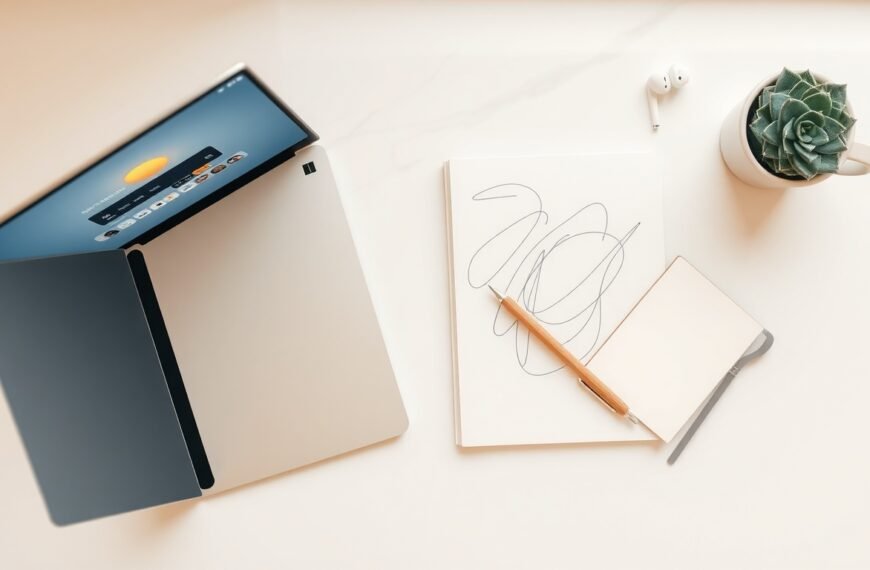 소라 AI - flat lay of laptop screen showing AI video generation interface, Sora AI concept, modern desk setup with notebook