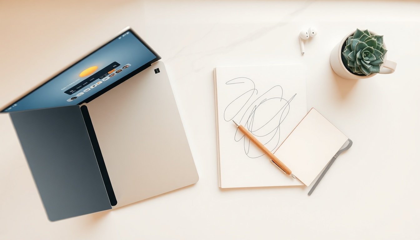 소라 AI - flat lay of laptop screen showing AI video generation interface, Sora AI concept, modern desk setup with notebook