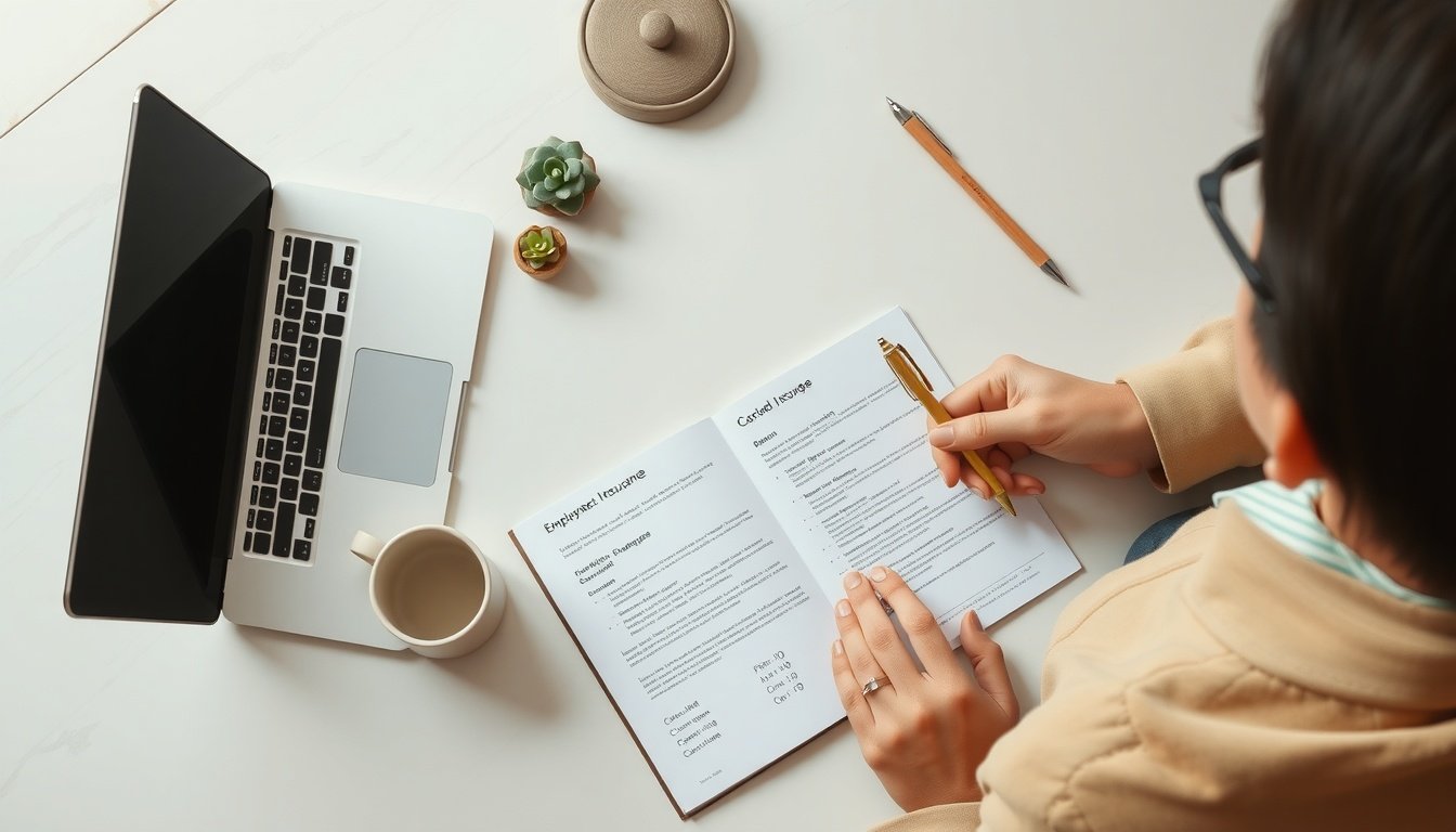 고용보험 - flat lay of employment insurance documents and laptop on white desk, Korean government support benefit concept