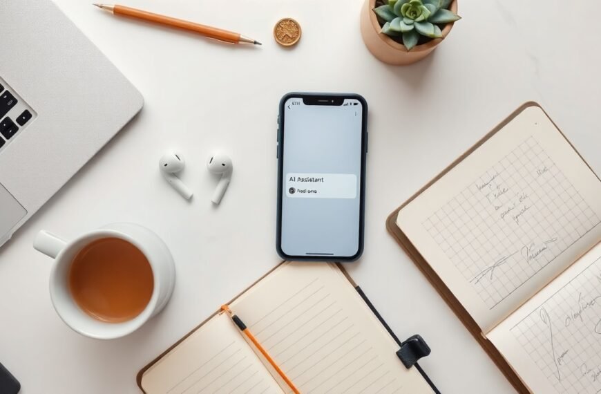 AI 비서 - flat lay of smartphone displaying AI assistant interface on white desk with notebook and pen, AI assistant concept