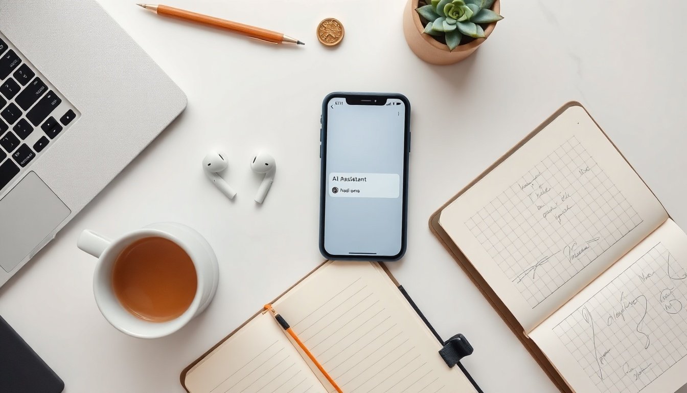 AI 비서 - flat lay of smartphone displaying AI assistant interface on white desk with notebook and pen, AI assistant concept