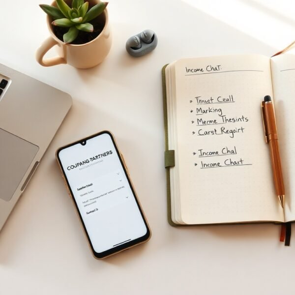 쿠팡파트너스 - flat lay of smartphone showing Coupang Partners app and notebook with income chart on white desk, affiliate marketing concept