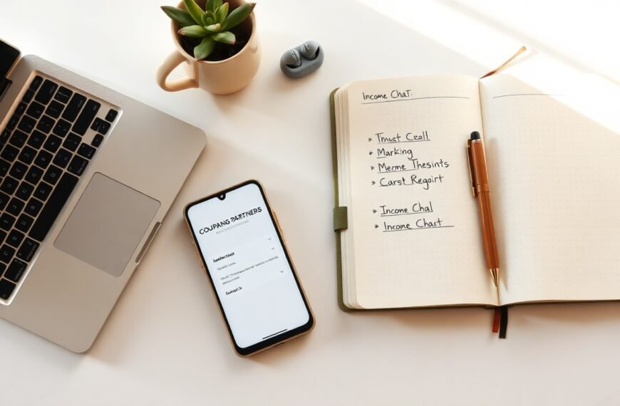 쿠팡파트너스 - flat lay of smartphone showing Coupang Partners app and notebook with income chart on white desk, affiliate marketing concept