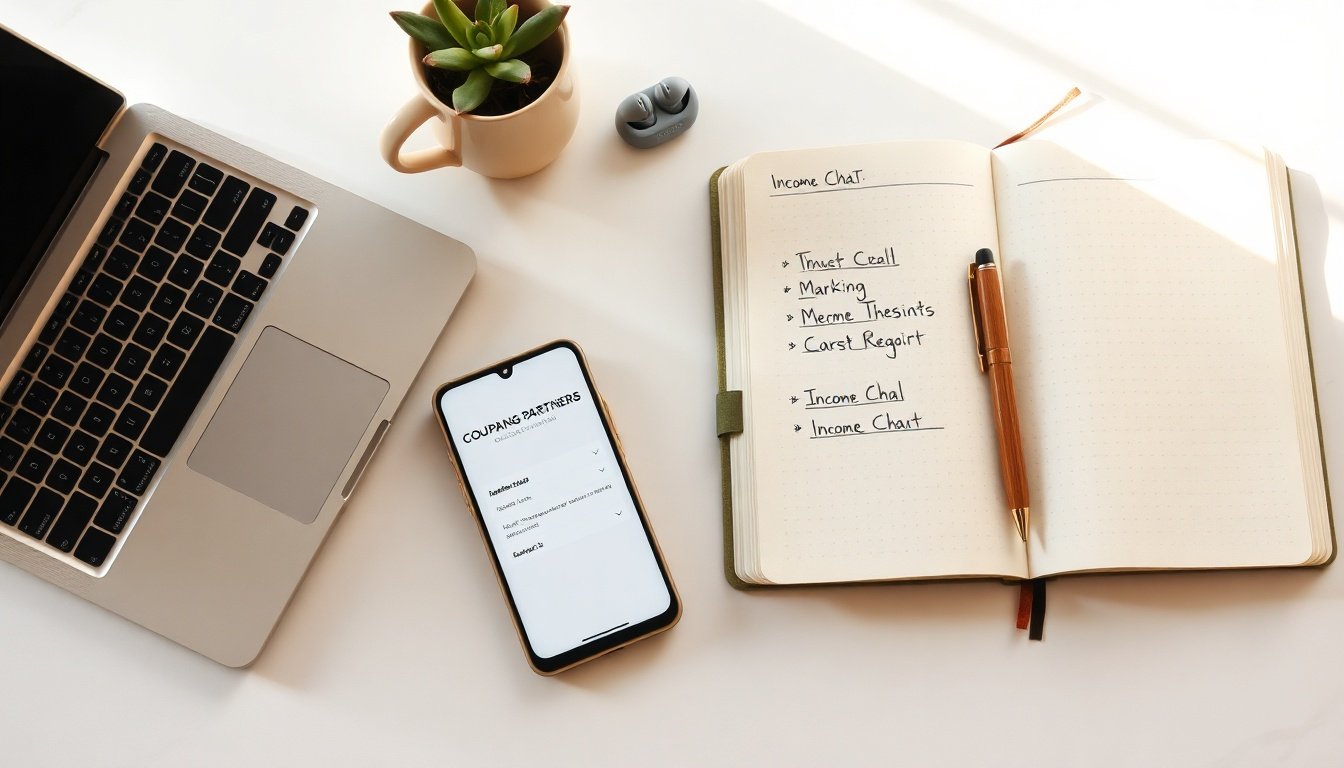 쿠팡파트너스 - flat lay of smartphone showing Coupang Partners app and notebook with income chart on white desk, affiliate marketing concept