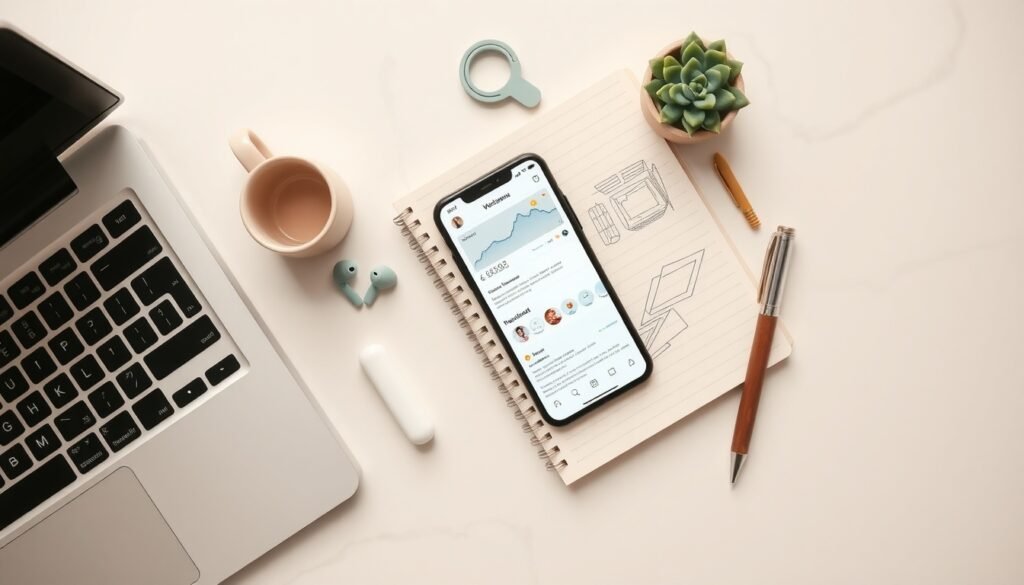 SNS 광고 - flat lay of smartphone showing social media ads dashboard with notebook and pen on white desk, SNS advertising concept