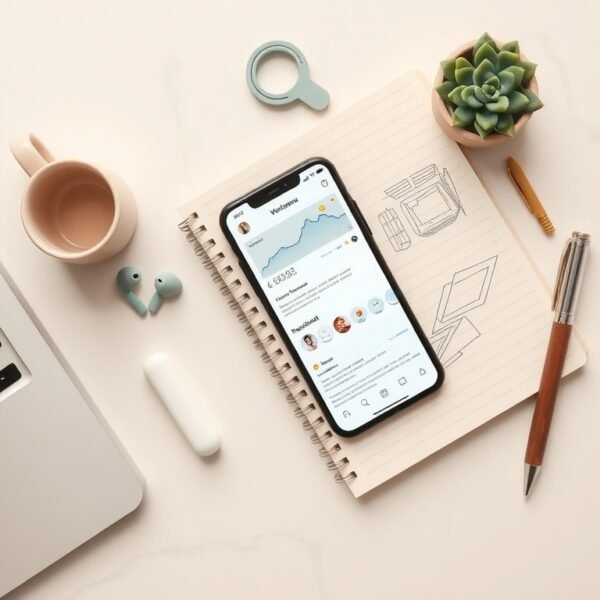 SNS 광고 - flat lay of smartphone showing social media ads dashboard with notebook and pen on white desk, SNS advertising concept