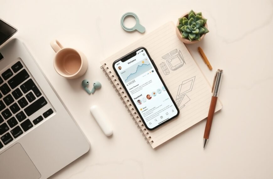 SNS 광고 - flat lay of smartphone showing social media ads dashboard with notebook and pen on white desk, SNS advertising concept