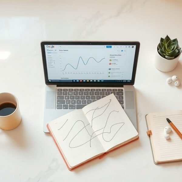 애드센스 수익 - flat lay of laptop showing Google AdSense dashboard with analytics charts, AdSense revenue optimization concept, overhead view on white desk