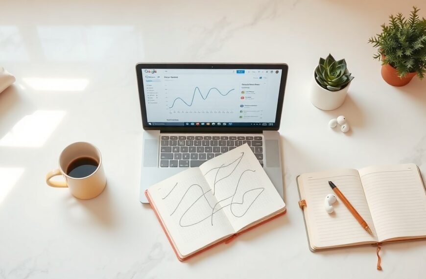 애드센스 수익 - flat lay of laptop showing Google AdSense dashboard with analytics charts, AdSense revenue optimization concept, overhead view on white desk