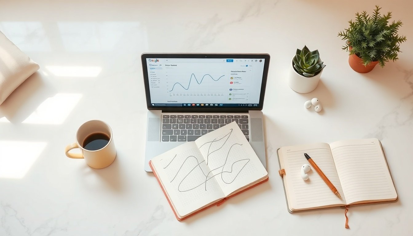 애드센스 수익 - flat lay of laptop showing Google AdSense dashboard with analytics charts, AdSense revenue optimization concept, overhead view on white desk