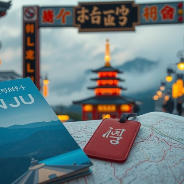 황병직 영주시장 - flat lay of travel brochure, luggage tag and map of Yeongju city, Korea travel support program concept, overhead view