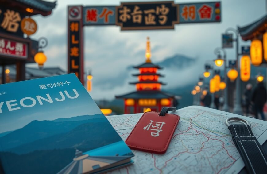 황병직 영주시장 - flat lay of travel brochure, luggage tag and map of Yeongju city, Korea travel support program concept, overhead view