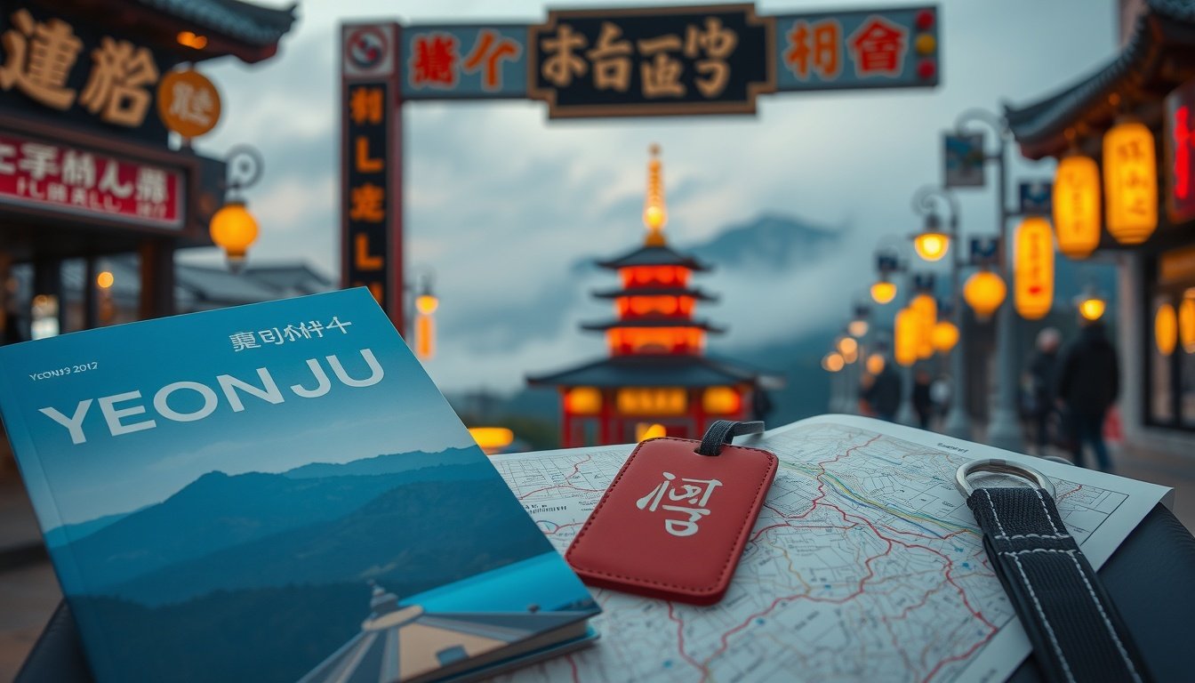 황병직 영주시장 - flat lay of travel brochure, luggage tag and map of Yeongju city, Korea travel support program concept, overhead view